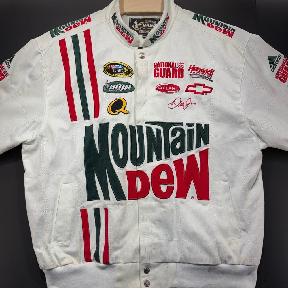 Chase Authentics Dale Jr Mountain Dew NASCAR Racing Jacket 2X White Cotton Twill